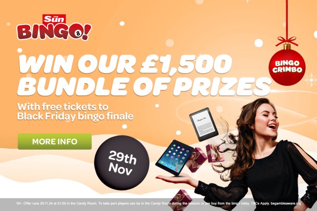 an advertisement for sun bingo that says win our £ 1,500 bundle of prizes