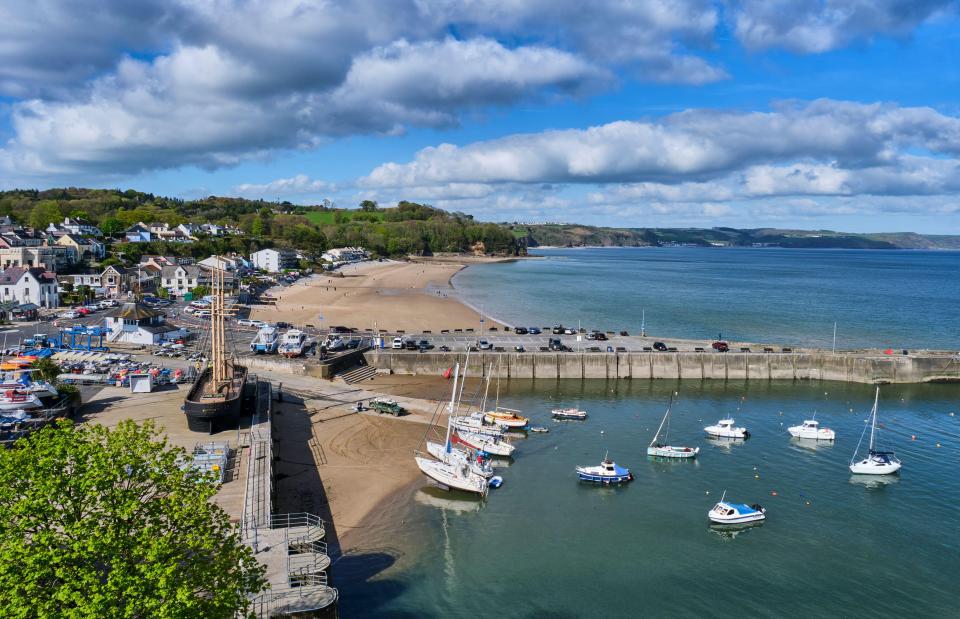 boats are docked in a harbor near a sandy beach