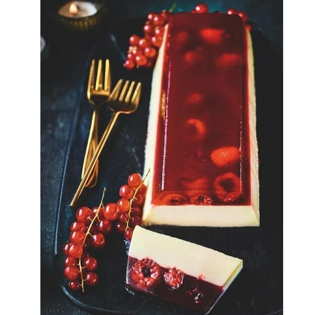 a dessert with raspberries and red currants on a black plate with forks .