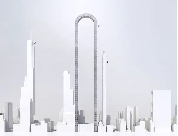 a drawing of a city skyline with numbers 1 through 7