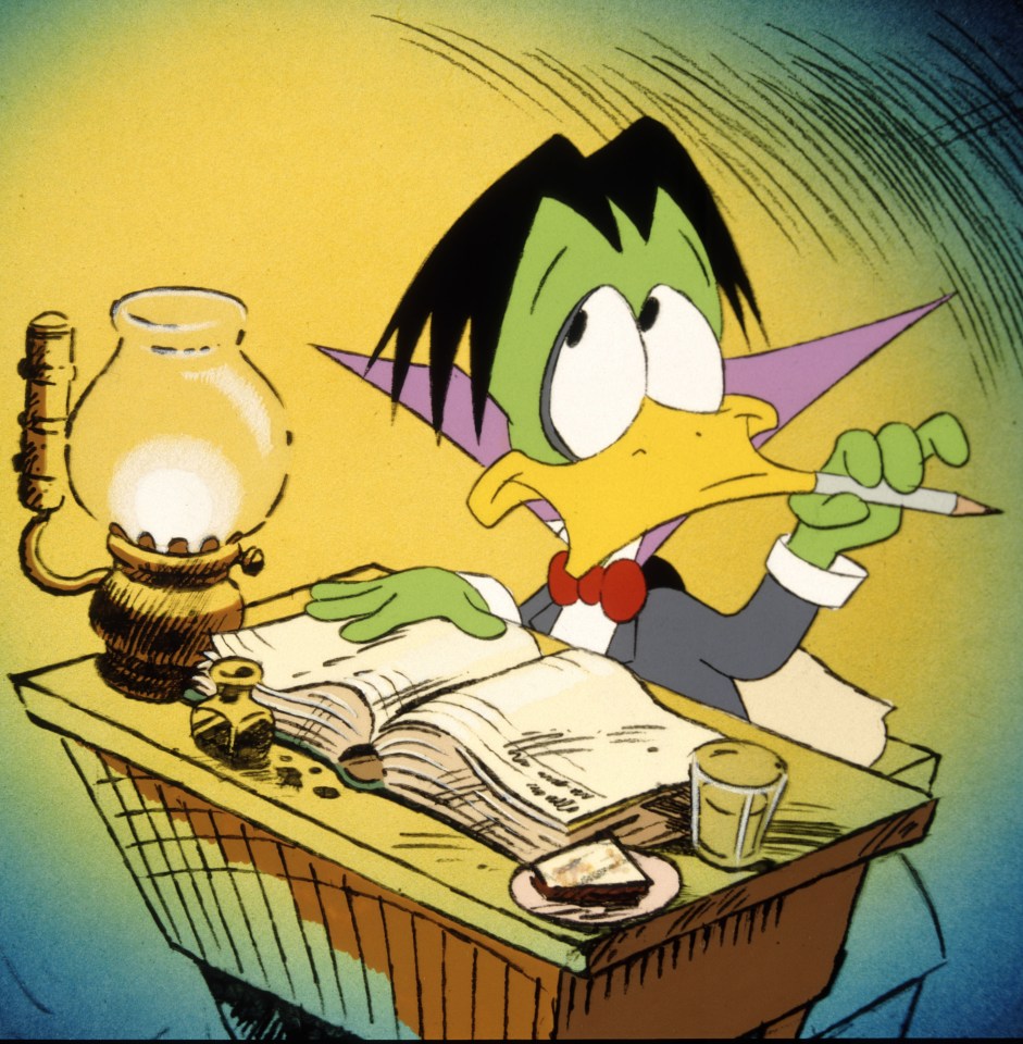 a cartoon of a duck with a vampire cape holding a pencil