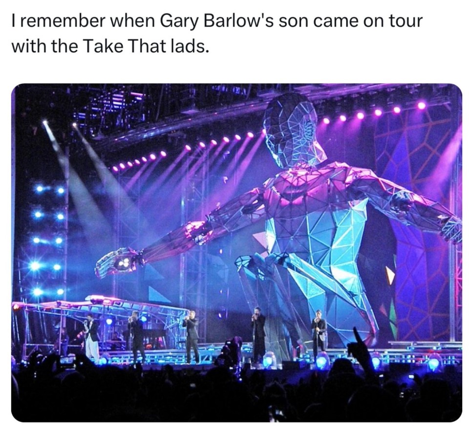 a tweet about gary barlow 's son coming on tour with the take that lads