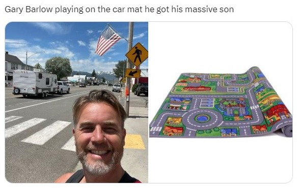 gary barlow is playing on the car mat he got his massive son