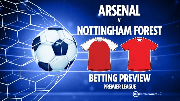 a poster for arsenal v nottingham forest with a soccer ball in the background