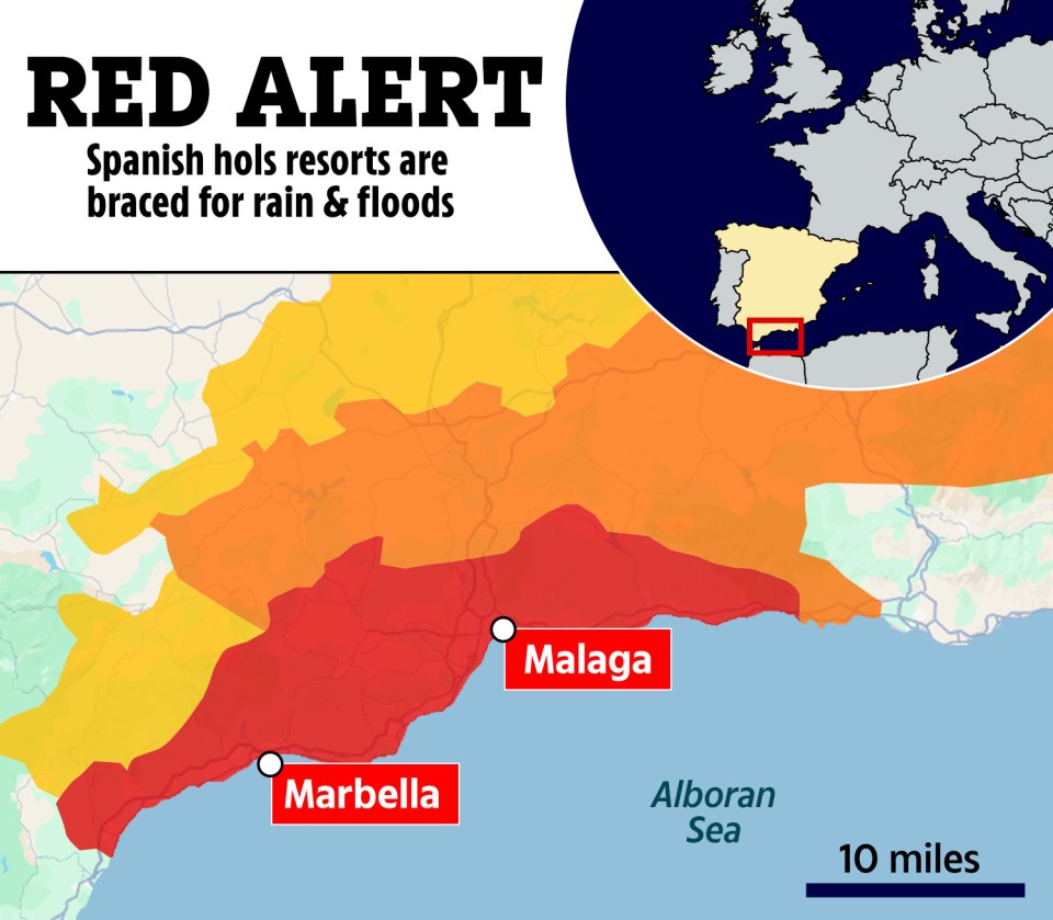 a map showing spanish holes resorts are braced for rain and floods