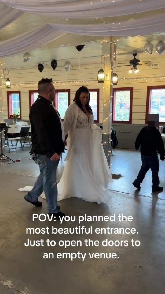 Watch the moment bride tries to hold herself together for grand masquerade wedding entrance but  only FIVE guests show up, , http://www.tiktok.com/@kalina_marie_23/video/7433899067664551198, , TAKEN WITHOUT PERMISSION