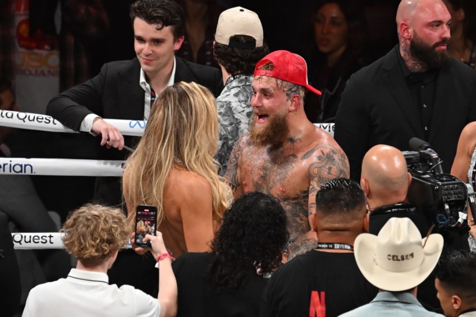 ARLINGTON, TEXAS - NOVEMBER 15: Jake Paul defeats Mike Tyson during their heavyweight world titles of the Premiere Boxing Championship on Friday night at AT&T Stadium in Arlington, Texas, United States on November 15, 2024. Paul celebrated his victory with his girlfriend Jutta Leerdam. (Photo by Tayfun Coskun/Anadolu via Getty Images)