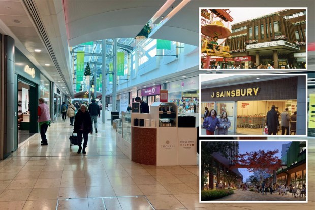 a collage of photos of a shopping mall including j sainsbury
