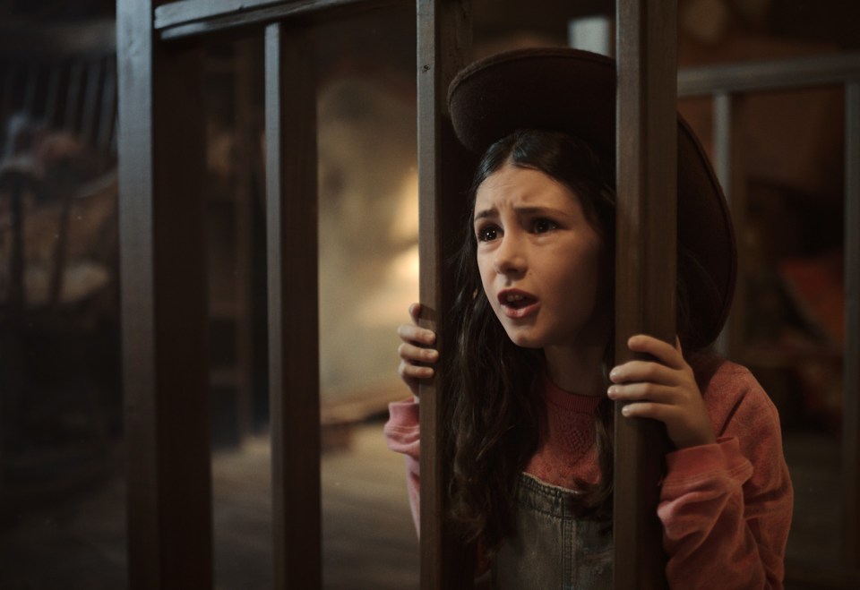 a little girl wearing a cowboy hat behind bars