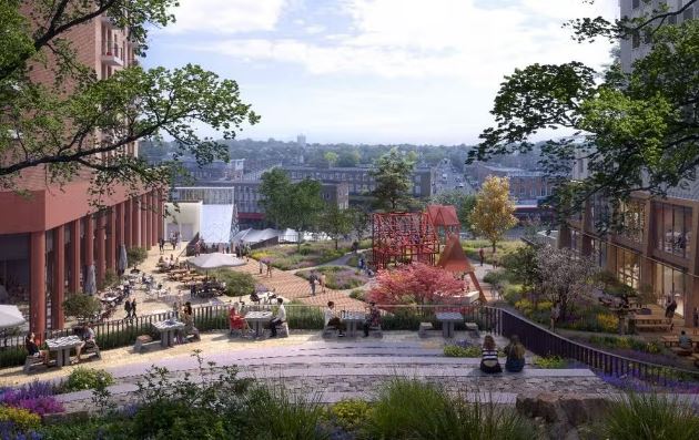 an artist 's impression of a park surrounded by buildings and trees .