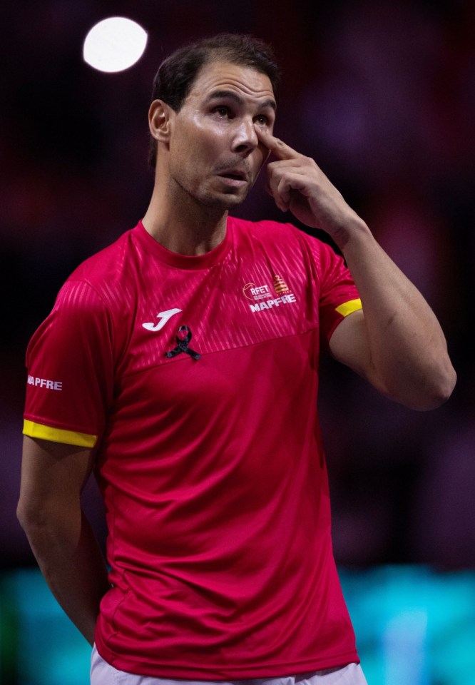 Mandatory Credit: Photo by Ella Ling/REX/Shutterstock (14923303ck) Rafael Nadal of Spain cries during his retirement ceremony Spain v Netherlands, Davis Cup, Tennis, Palacio de Deportes Jose Maria Martin Carpena Arena, Malaga, Spain - 19 Nov 2024