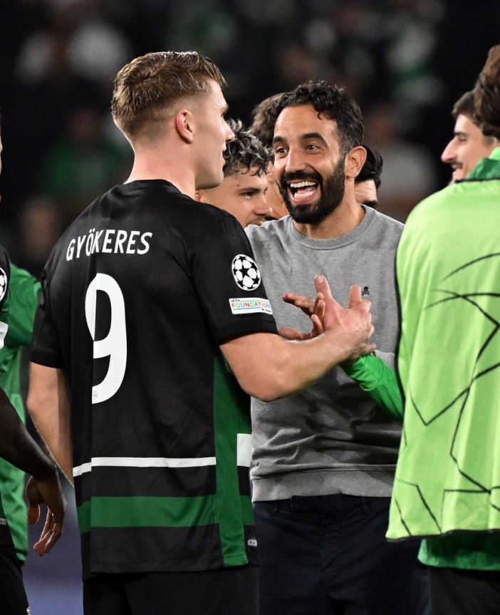 Sporting Lisbon manager Ruben Amorim and Viktor Gyokeres after the final whistle of the UEFA Champions League, league stage match at the Estadio Jose Alvalade, in Lisbon, Portugal. Picture date: Tuesday November 5, 2024. PA Photo. See PA story SOCCER Man City. Photo credit should read: Zed Jameson/PA Wire. RESTRICTIONS: Use subject to restrictions. Editorial use only, no commercial use without prior consent from rights holder.