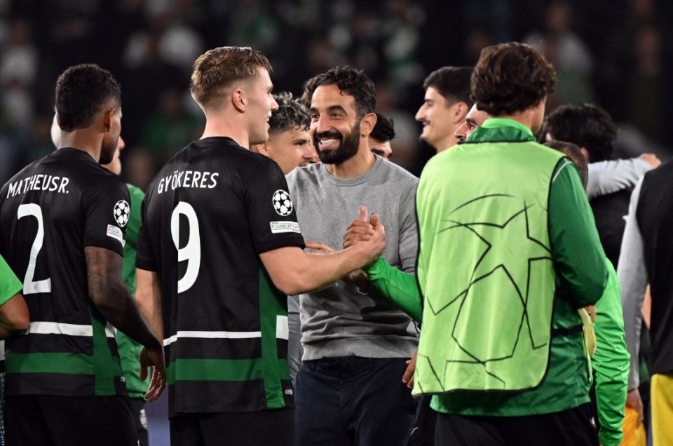Sporting Lisbon manager Ruben Amorim and Viktor Gyokeres after the final whistle of the UEFA Champions League, league stage match at the Estadio Jose Alvalade, in Lisbon, Portugal. Picture date: Tuesday November 5, 2024. PA Photo. See PA story SOCCER Man City. Photo credit should read: Zed Jameson/PA Wire. RESTRICTIONS: Use subject to restrictions. Editorial use only, no commercial use without prior consent from rights holder.