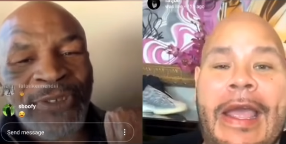 a man with a tattoo on his face is next to another man with a beard