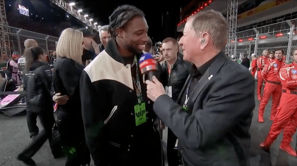 Martin Brundle spoke to Olympic gold medallist Noah Lyles during his grid walk at the Las Vegas Grand Prix
