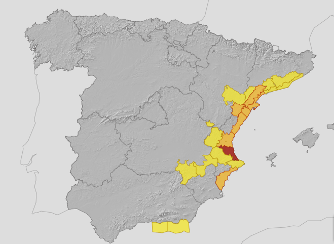 a map of spain with a few areas highlighted in red