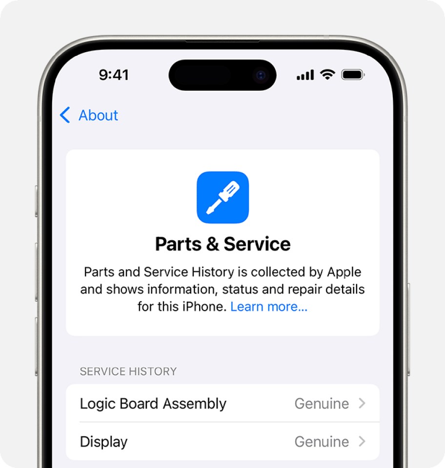 a phone screen that says parts and service on it