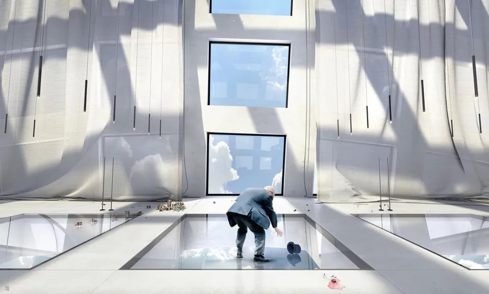 an artist 's impression of a man standing on a glass floor