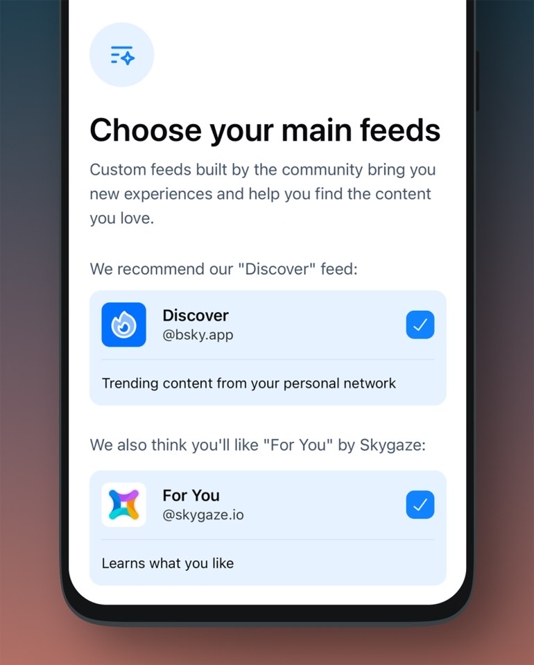 a phone screen that says choose your main feeds