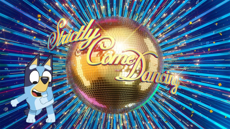 a poster for strictly come dancing with a blue dog