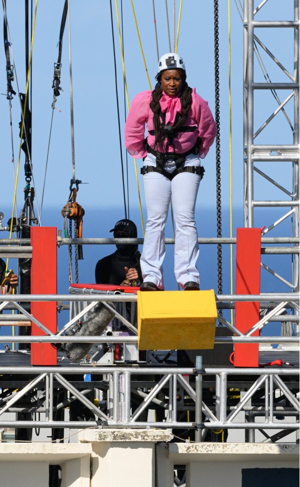 a group of people standing on top of a very tall structure