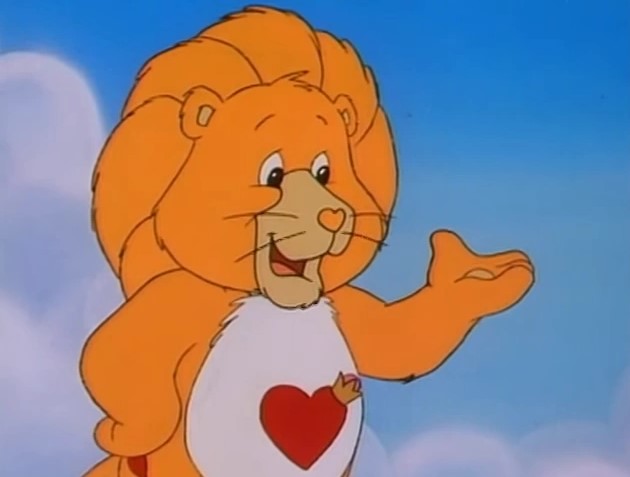 a cartoon lion with a red heart on its chest