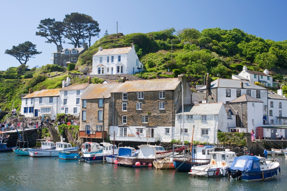a row of boats are docked in a small harbor