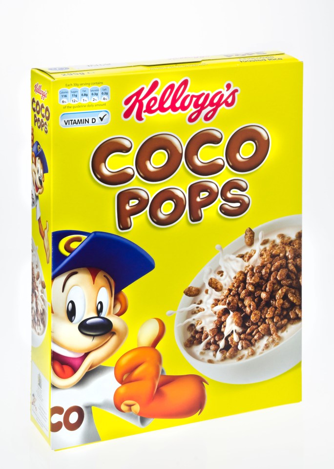 a yellow box of kellogg 's coco pops cereal