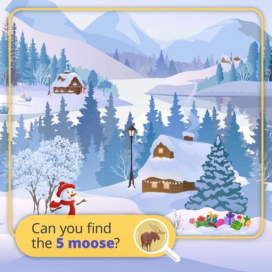 Winter scene with five hidden moose; can you spot them?