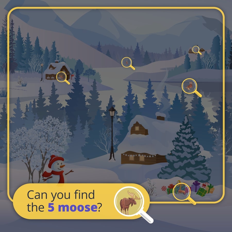 Winter scene puzzle: find five hidden moose.