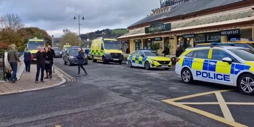 a group of police cars and ambulances are parked in front of a building .