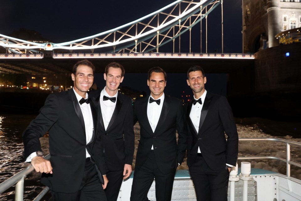 LONDON, ENGLAND - SEPTEMBER 22: Rafael Nadal, Andy Murray, Roger Federer and Novak Djokovic of Team Europe make their way towards a Gala Dinner at Somerset House via the River Thames ahead of the Laver Cup at The O2 Arena on September 22, 2022 in London, England. (Photo by Julian Finney/Getty Images for Laver Cup)