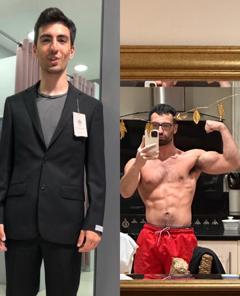 a man in a suit and a shirtless man taking a selfie in front of a mirror