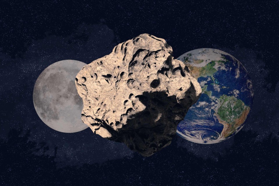 an asteroid is surrounded by two moons and the earth
