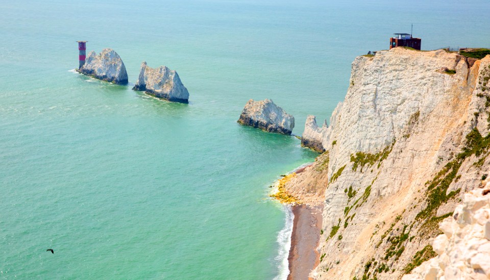 a cliff overlooking a body of water with a lighthouse in the distance