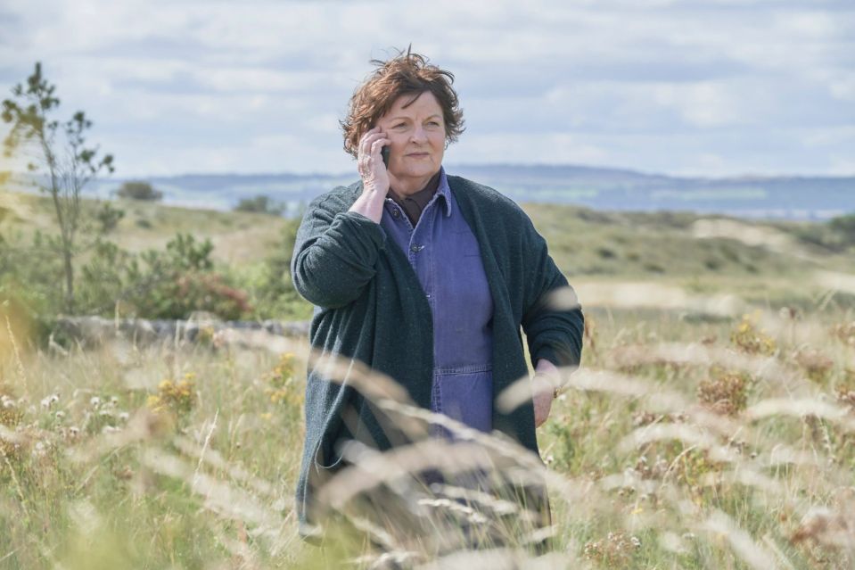 a woman talking on a cell phone in a field