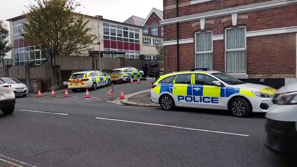 several police cars are parked on the side of the road