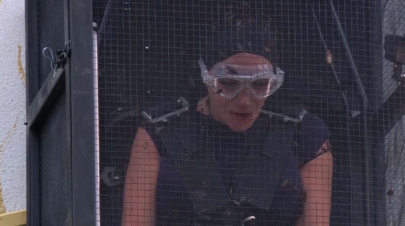 Tulisa donned goggles for the occasion