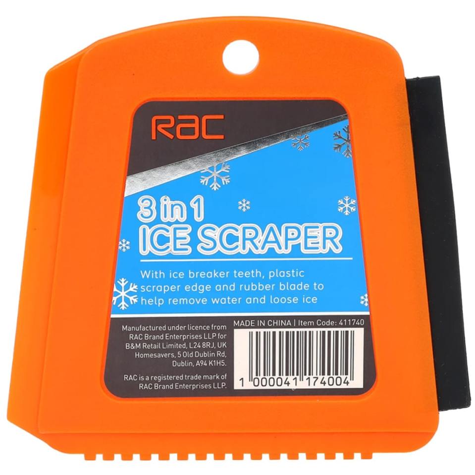 an orange rac 3 in 1 ice scraper with ice breaker teeth