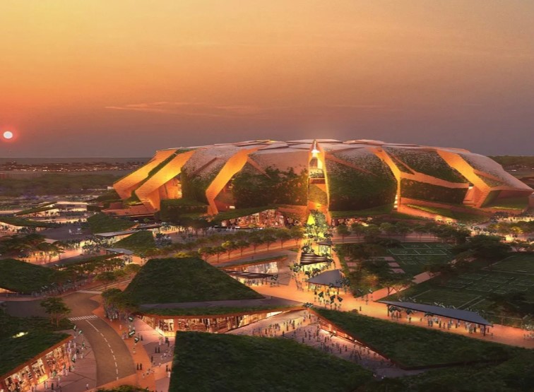 an artist 's impression of a stadium at sunset