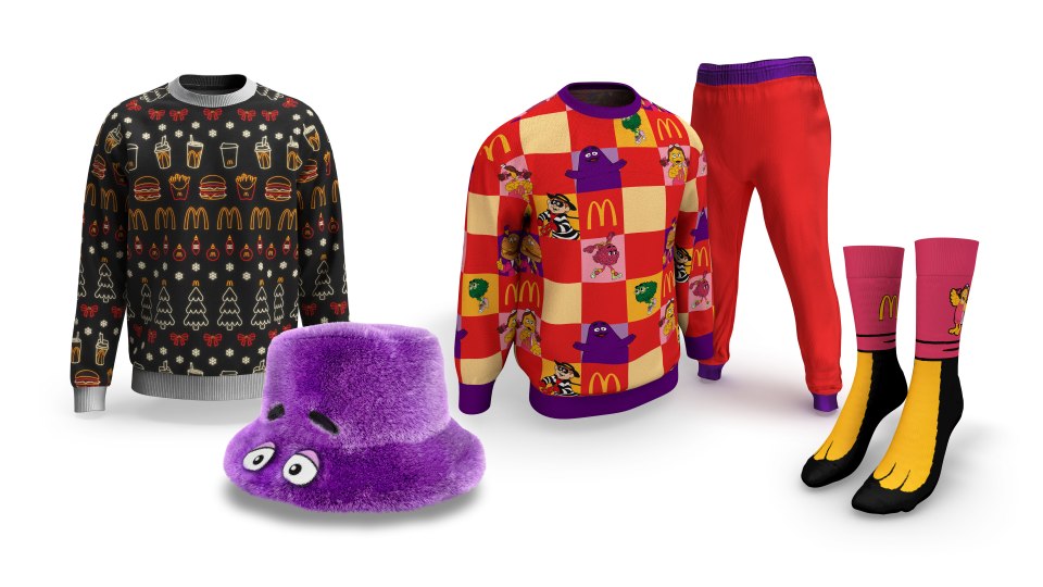 a collection of mcdonald 's clothing including a purple hat