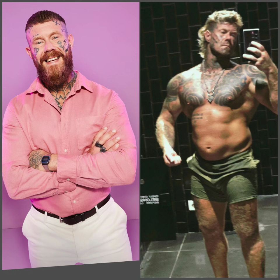 a man with tattoos on his face is wearing a pink shirt
