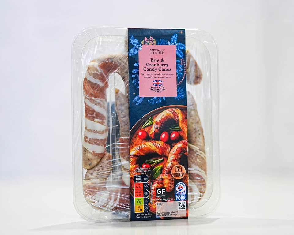 Brie and cranberry candy cane sausages wrapped in oak-smoked bacon.