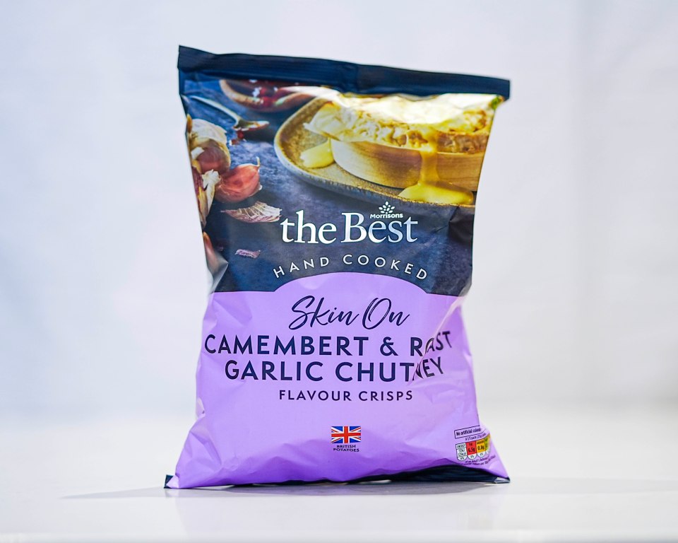 Bag of Morrisons The Best hand cooked skin-on Camembert & roast garlic chutney flavour crisps.