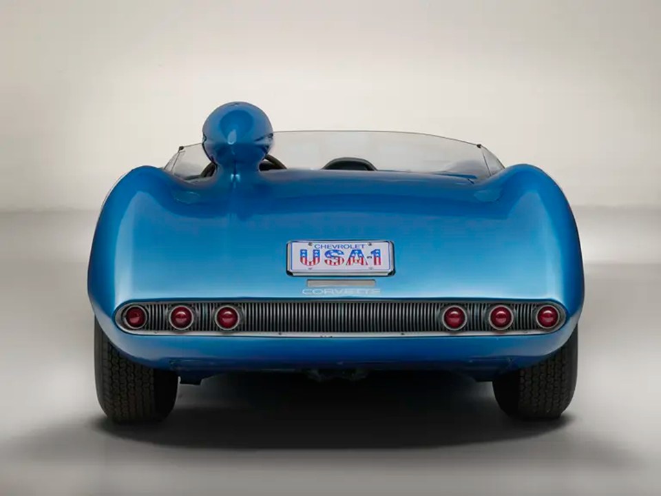 Rear view of a blue 1957 Chevrolet Corvette Super Sport racecar.