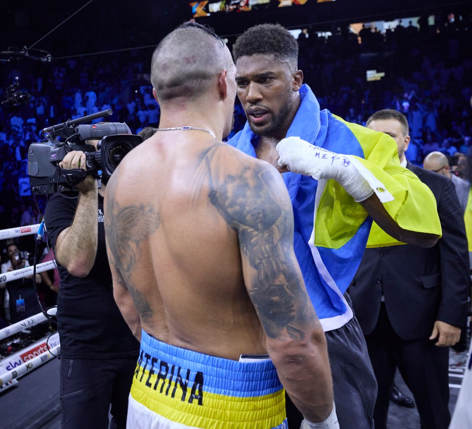 Anthony Joshua and Oleksander Usyk after a boxing match.