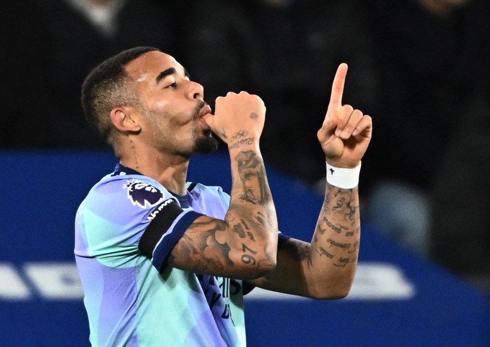 Gabriel Jesus of Arsenal celebrates scoring a goal.