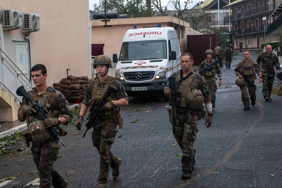 French soldiers patrol Mayotte after Cyclone Chido.