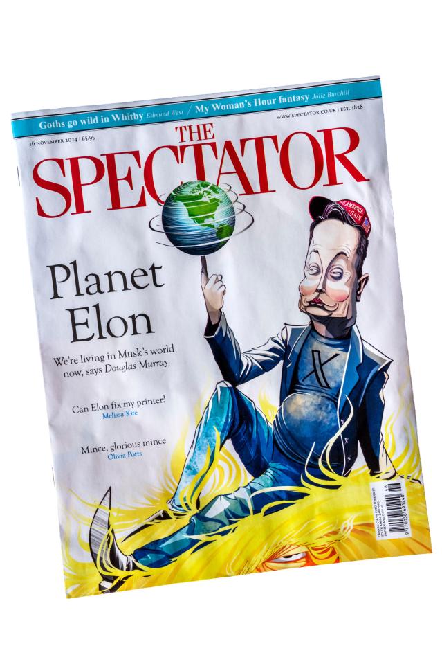 The Spectator magazine cover featuring a caricature of Elon Musk; headline: Planet Elon.