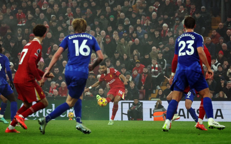 Cody Gakpo scoring a goal for Liverpool.